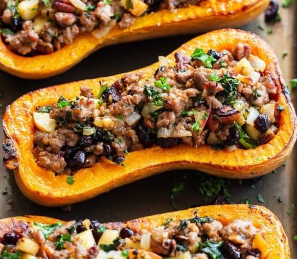 Sausage Stuffed Butternut Squash with Wild Rice Variations